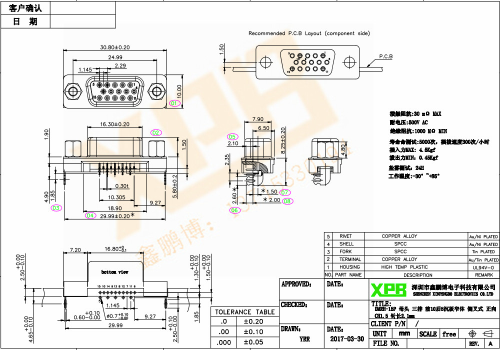 DMRH-15P 母頭 三排 前10后5沉板窄體 側叉式連接器規格書 DMRH-15P 母頭 三排 前10后5沉板窄體 側叉式連接器規格書